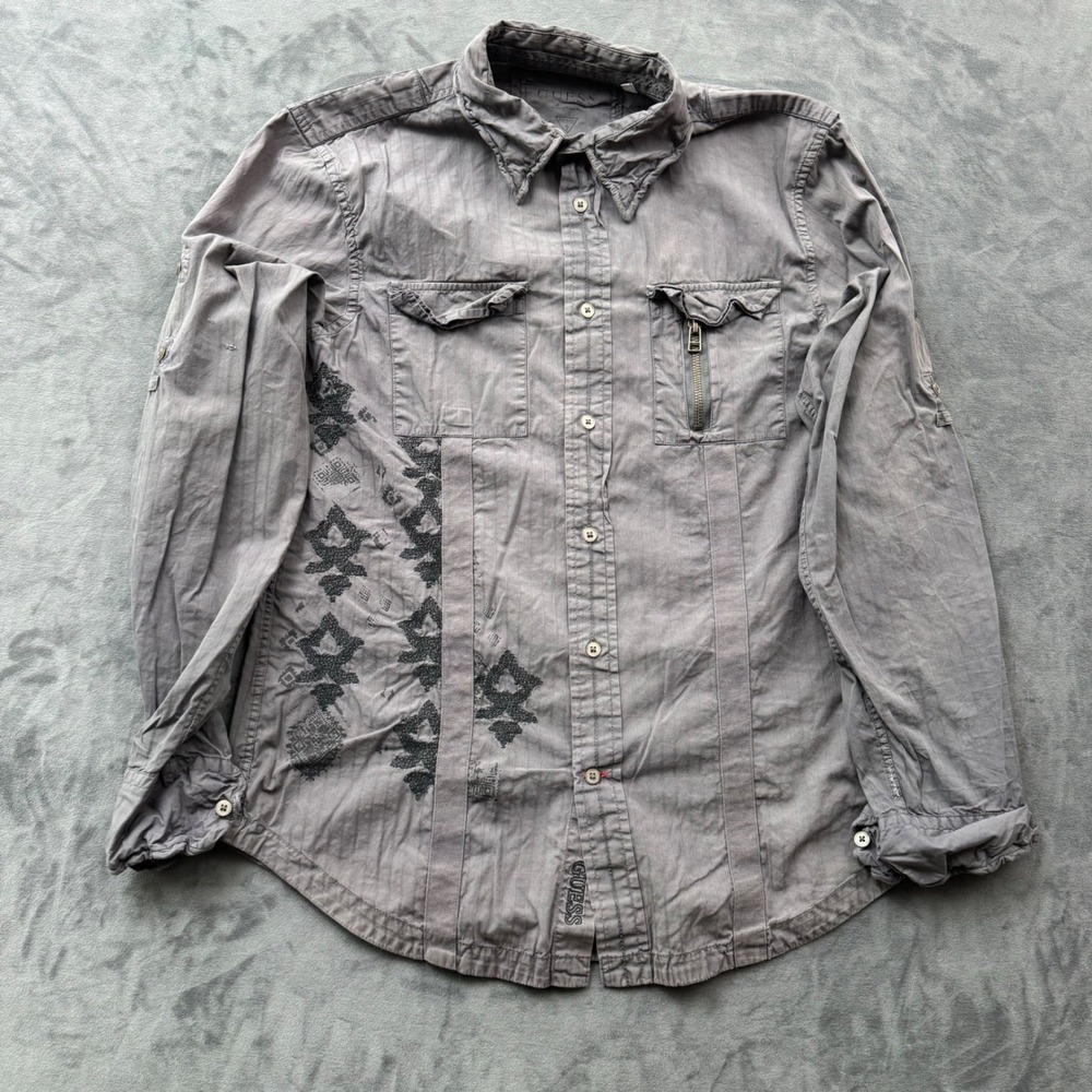 Guess Mens Gray Long Sleeve Button Down Utility Shirt Graphic Distressed Medium